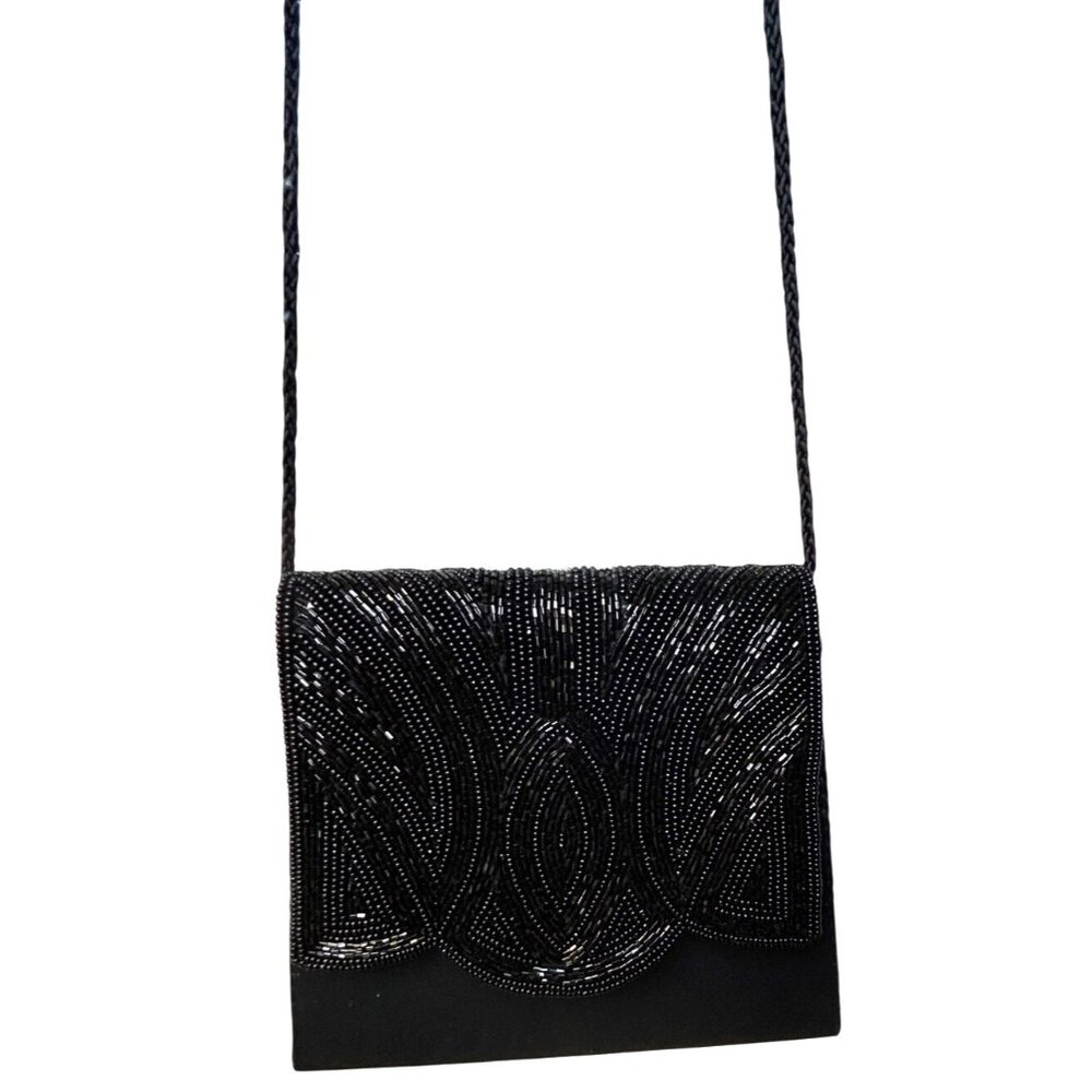 Y2K Vintage Black Beaded Satin Classy Evening Bag Magnetic Closure Rope Strap - Picture 7 of 9